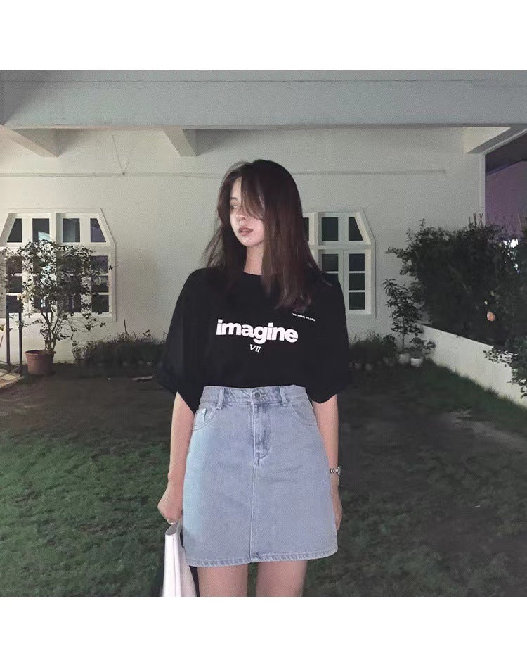 “IMAGINE” Statement Tee – Casual Cool with a Bold Voice Loose Korean Letter T-shirt Top