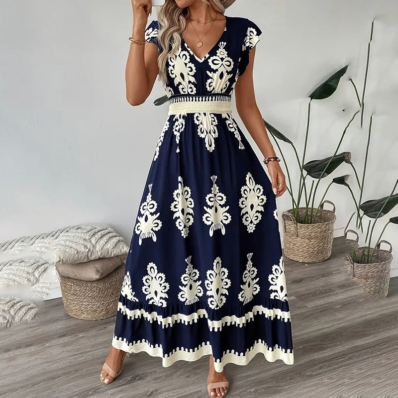 Summer Flowy Maxi Dress Casual Cap Sleeve V Neck Smocked Waist Beach Sundress