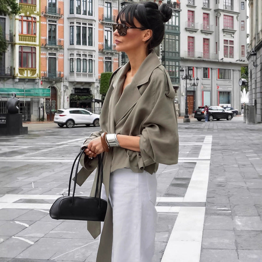 Large Lapel Lace-up Trench Coat Fashionable Jacket