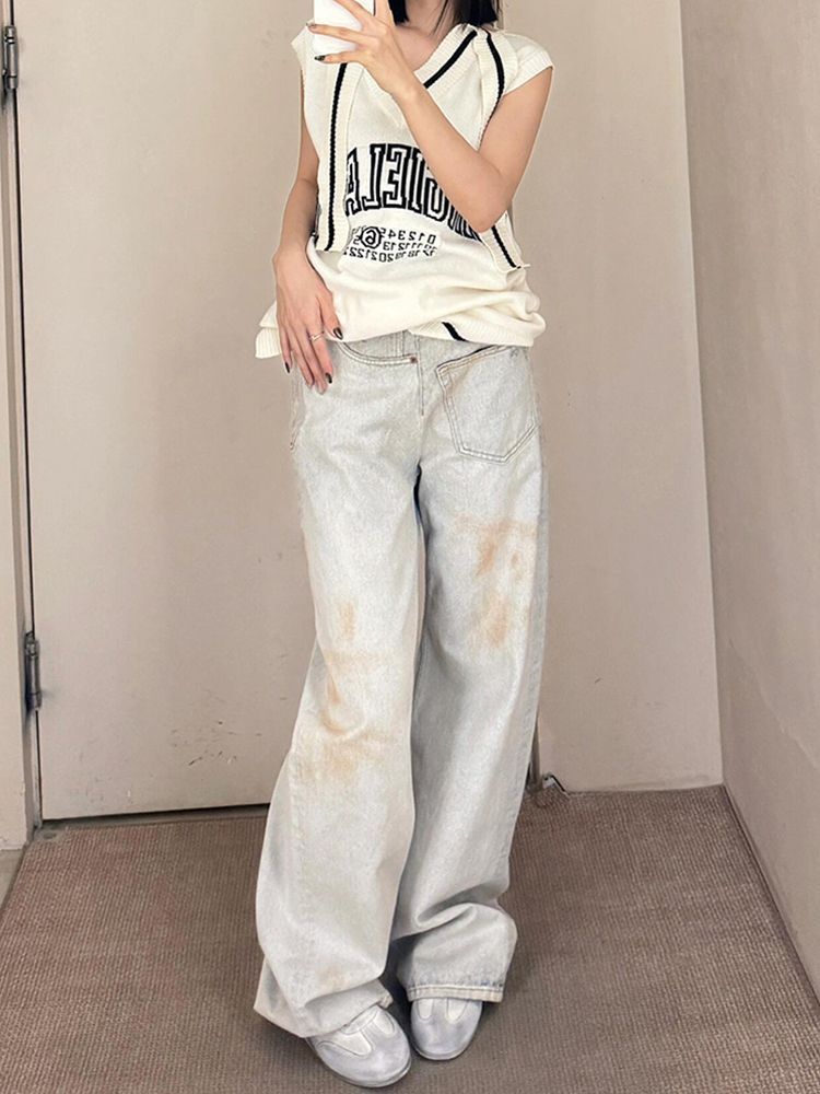 Washed Out & Worn In – Street-Ready Slouch Jeans American Retro Plus Size Stitching Jeans For Women