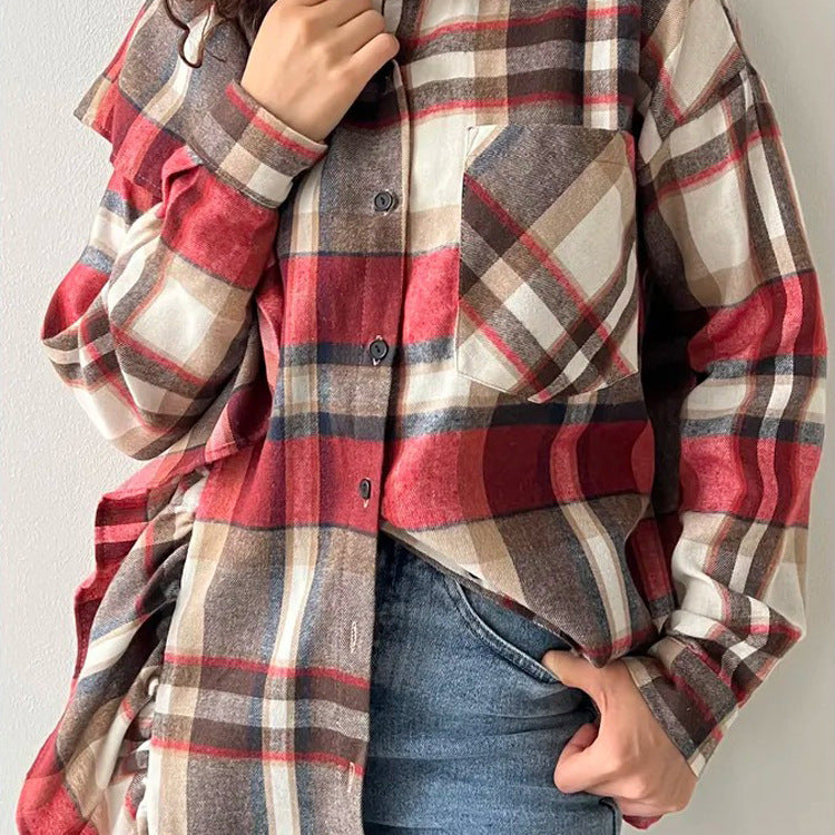 Plaid Lapel Long Sleeve Cardigan Shirt For Women's