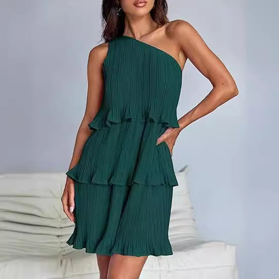 Shoulder Layered Stitching Hem Dress For Women's