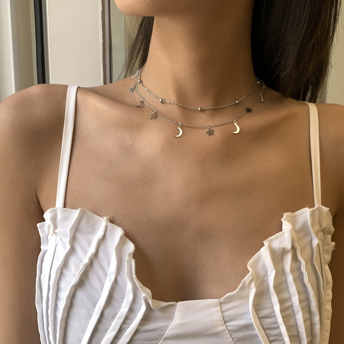 Celestial Charm Layered Necklace – Moon & Star Magic for a Dreamy Look Simple Star And Moon Tassel Fine Chain Necklace Female Geometric Bead Clavicle Necklace