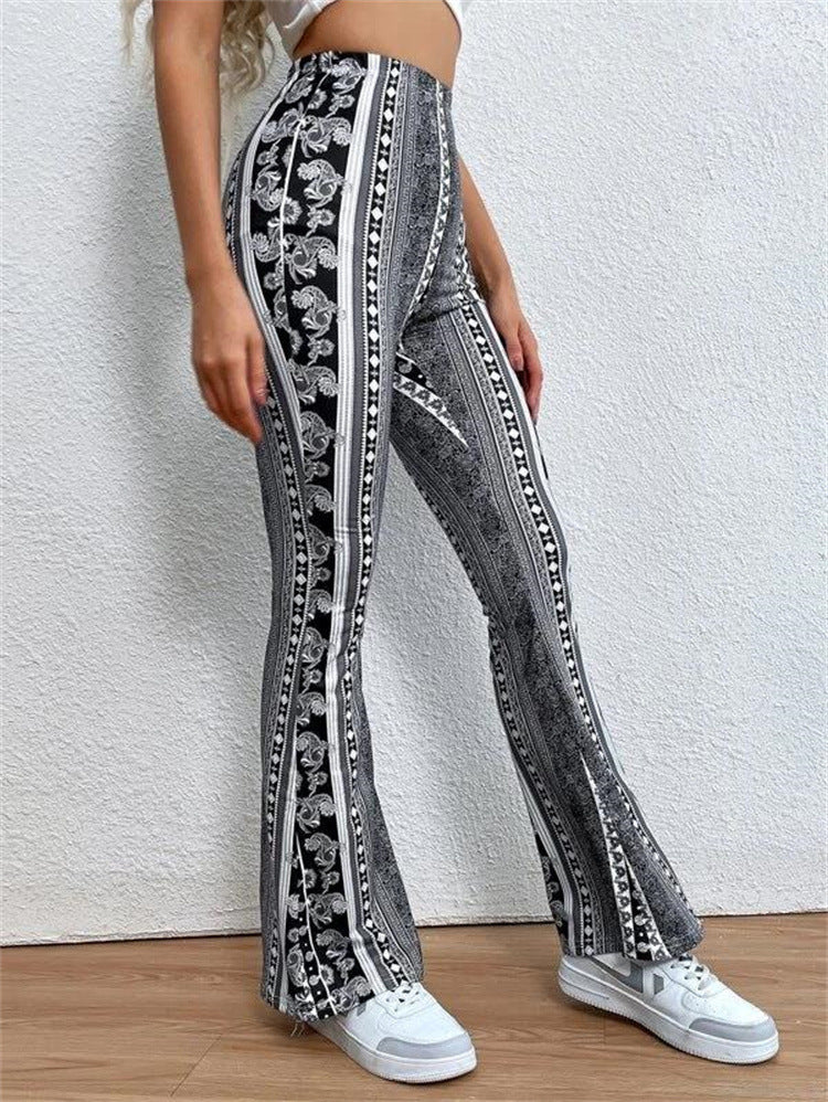 Boho Vibe Flare Pants – Retro Printed Stretch Trousers Loose Running Leisure Wide Leg Pants