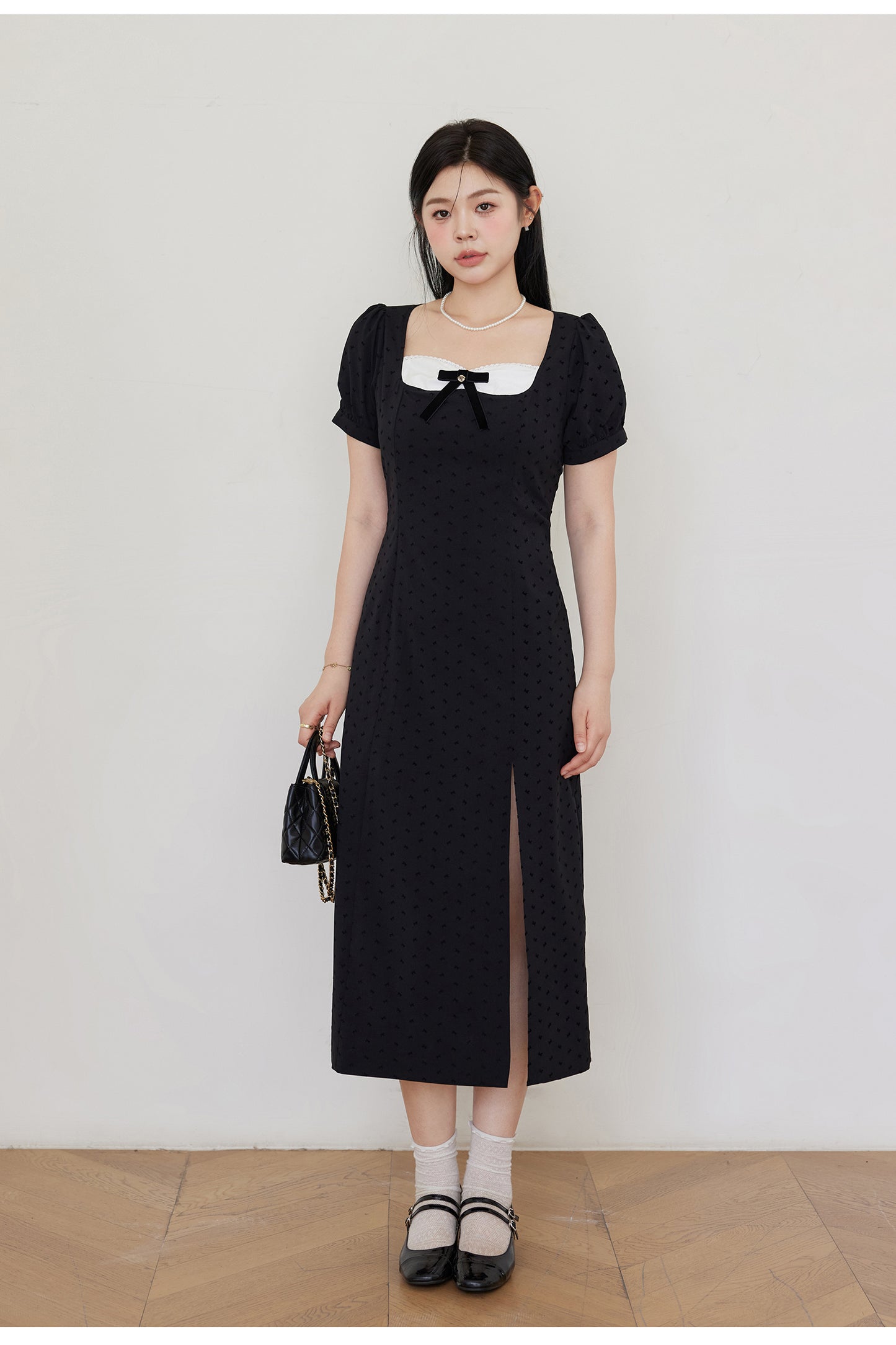 Bubble Sleeve Black Floral Bow Plus Size Dress