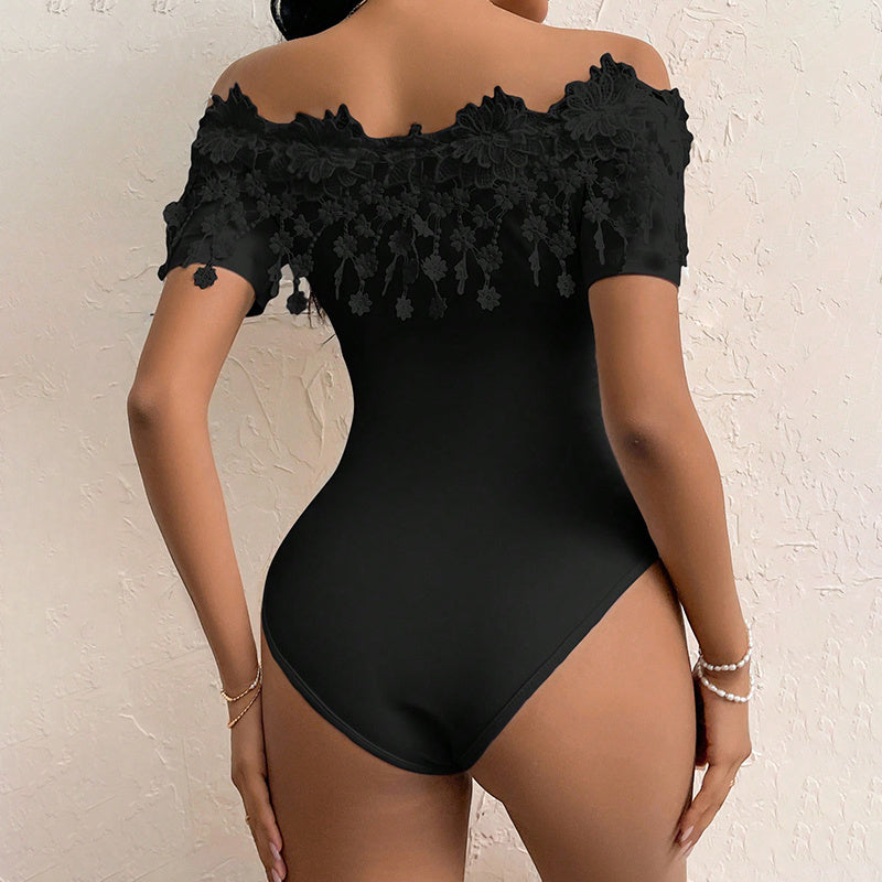 Sexy Ruffled Lace Detail Off-Shoulder One Piece Women's Off Shoulder Short Sleeve Bodysuit Sexy Lace Bodycon Top