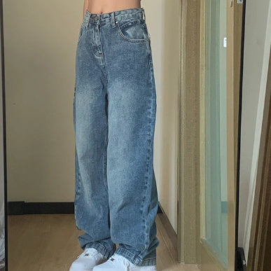 Vintage Straight-Cut Loose Jeans – Korean Minimalist Streetwear Denim Plus Size High Waist Wide Leg Jeans For Women