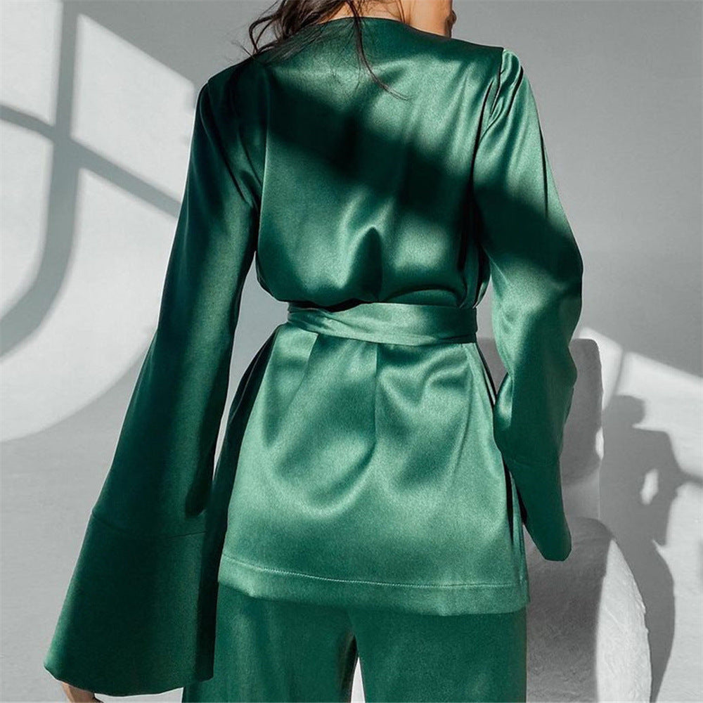 Luxury Satin Pantsuit Set – Elegant Blazer & Wide-Leg Trousers in Emerald Green and Black Satin Casual Two Piece Satin Loose Cardigan Pajama Set