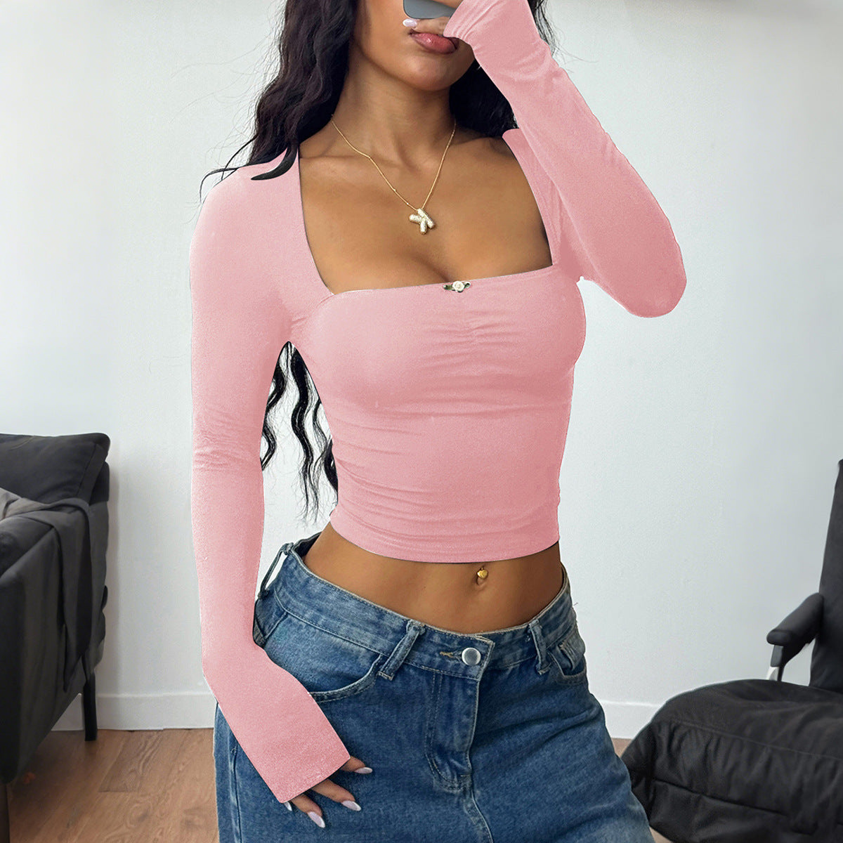 Solid Color Long-sleeved Bottoming Shirt T-shirt Top For Women's