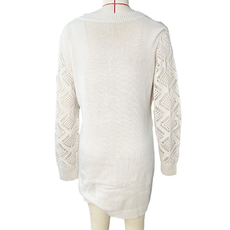 Elegant Women's Solid Color V-Neck Knit Dress - Long Sleeve Lace Cut-Out Design, Comfortable Dress For Spring & Fall