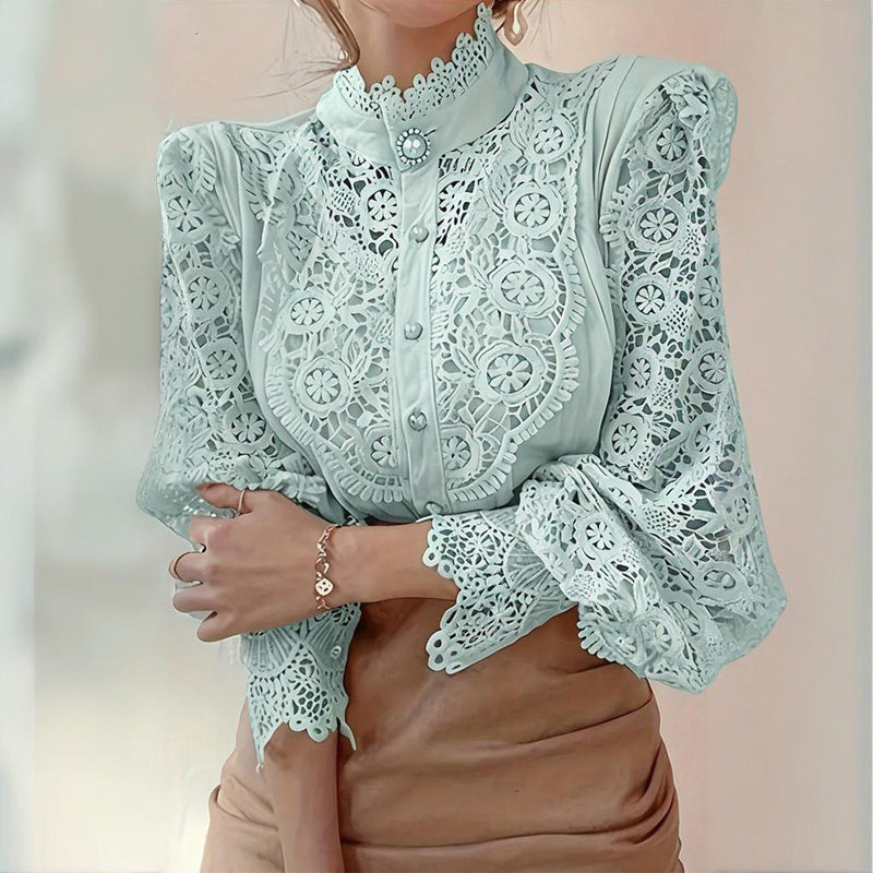 Elegant Women's Vintage Pearl Button Lace Blouse - Puff Sleeve Semi-Sheer Ruffled Stand Collar Shirt Spring&Summer Office & Vacation Top