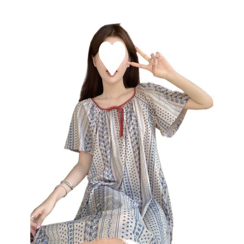 Comfy Boho Print Short Sleeve Nightgown / Lounge Dress Girly Style Night Dress Summer Ins