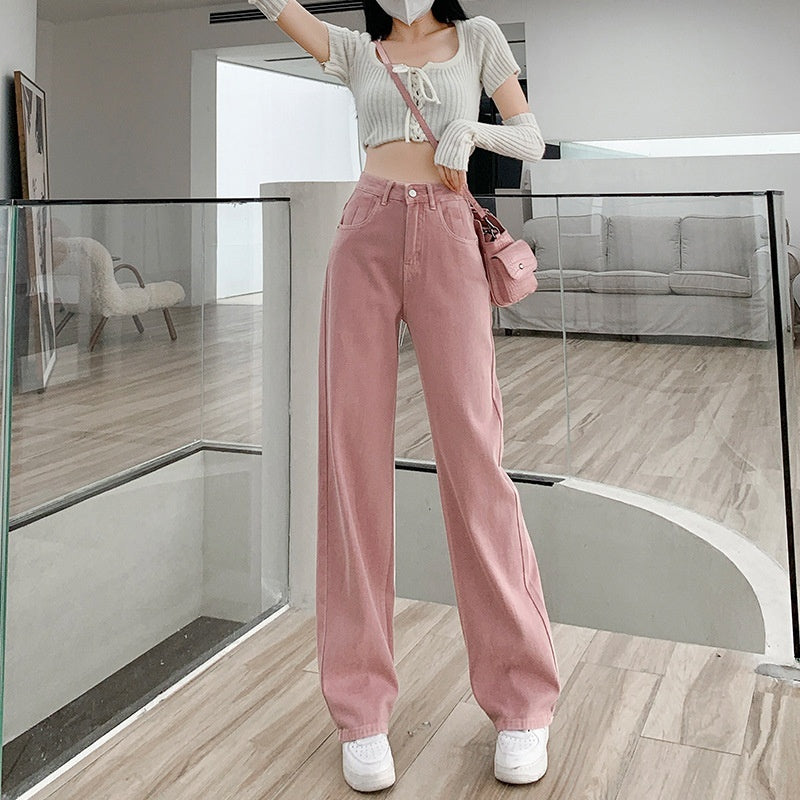 Dirty Pink Wide Leg Denim Women's High Waist Slimming Loose Straight Mop Pants