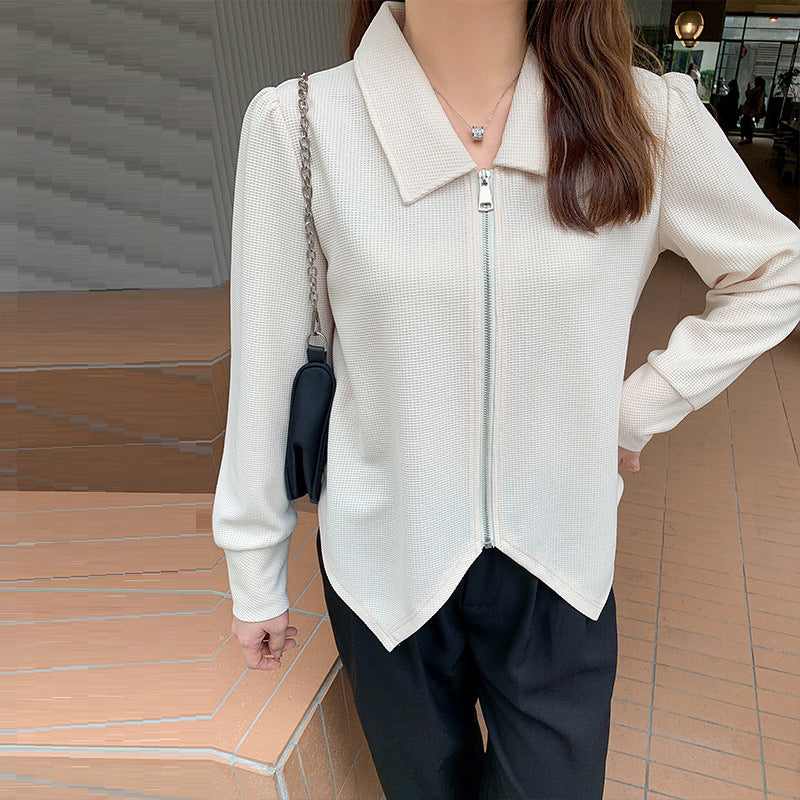 Stylish Zip-Up Collared Jacket | Asymmetrical Hem Blazer Top Korean Style Irregular Loose And Slim Zipper Lapel Top