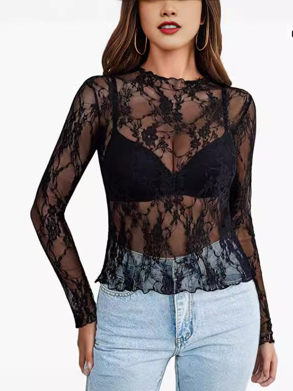 Mesh Top Long Sleeve Transparent Crop Top For Women's