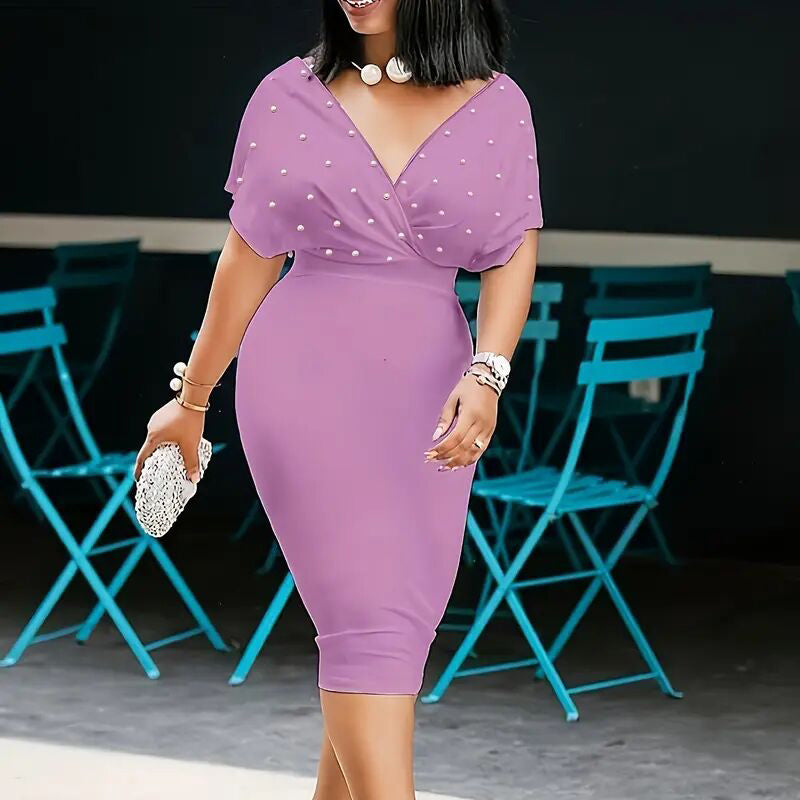 Elegant Deep V Neck Wrap Bodycon Dress Back Zipper Pencil Midi Dress