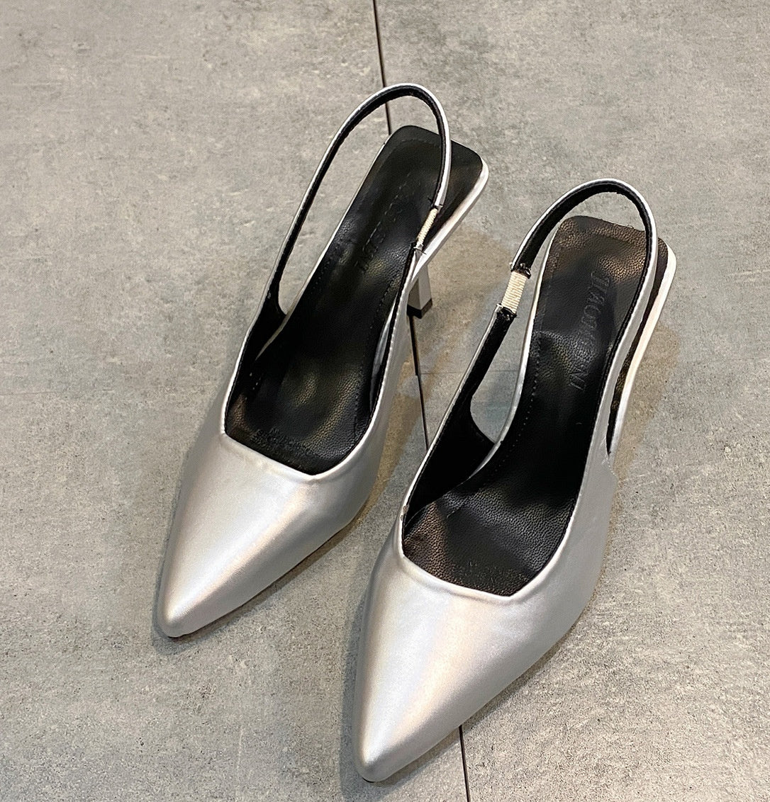Pointed-Toe Slingback Heels – White Back Strap Shoes Slim-fit Strap High Heels Stiletto Kitten Pumps in Silver, Black & Leopard