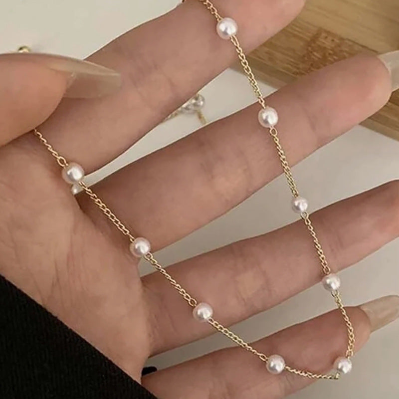 Dainty Gold Chain Pearl Station Choker Necklace | Minimalist Faux Pearl Design Creative Retro Elegant Necklace Women