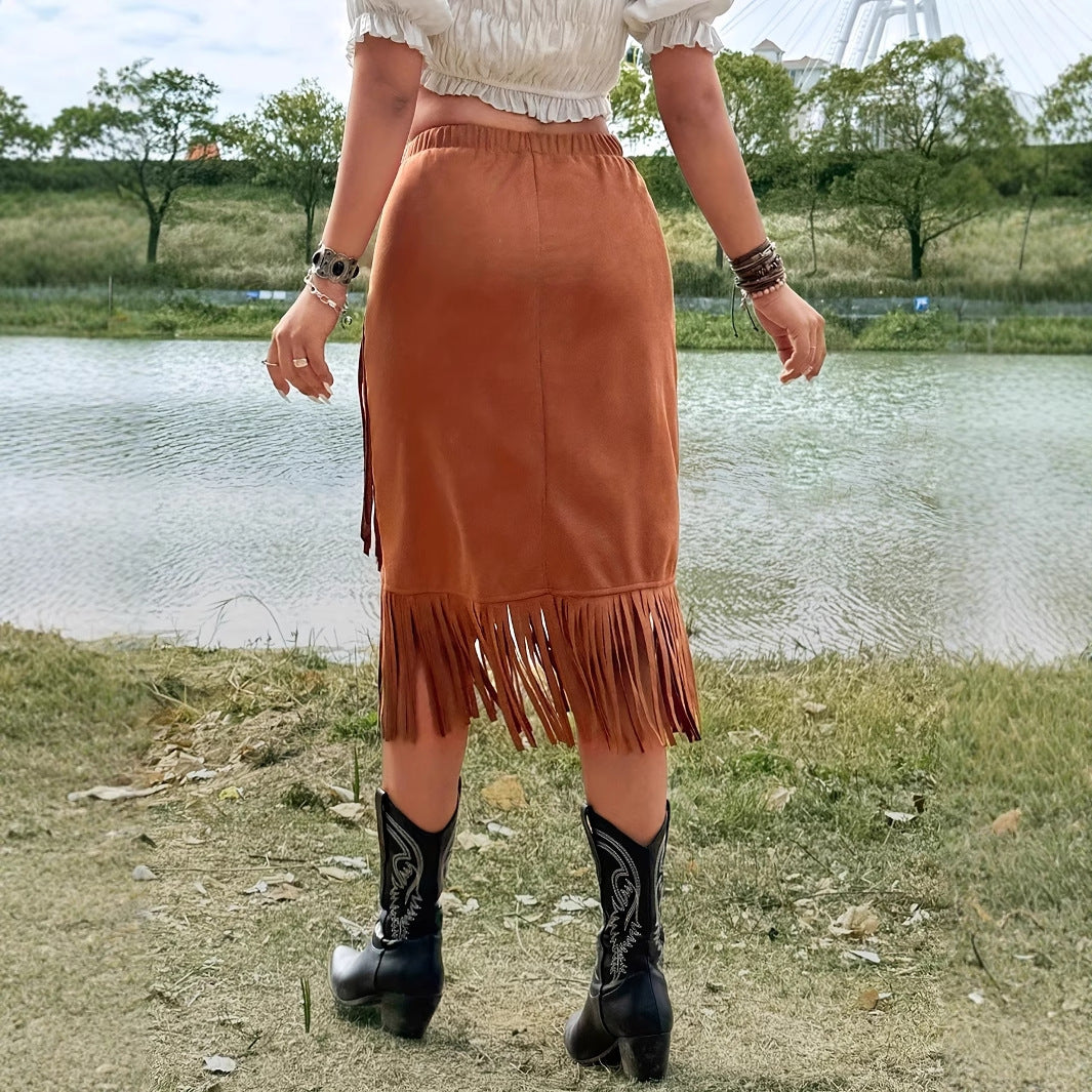 Fashionable Casual Solid Color Asymmetrical Tassel Hem A-line Skirt