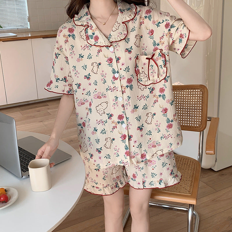 Cute Floral Print Short Sleeve Pajama Set with Ruffles Summer Short Sleeve Shorts Korean Style Two-piece Rabbit Pattern Combination Pajamas