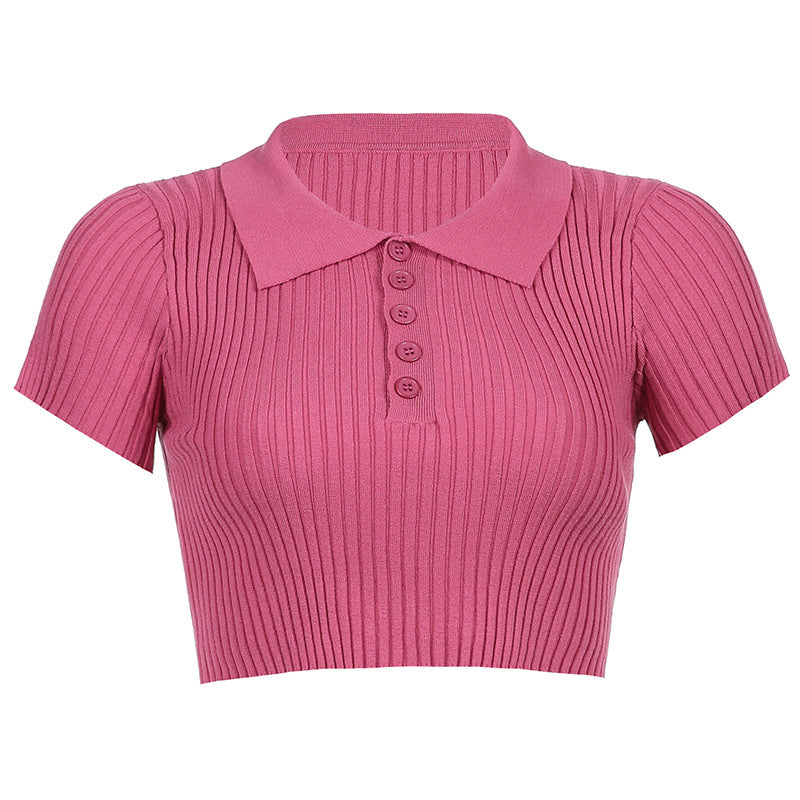 Summer Knit Polo Blouse - Short Sleeve Collared Top Korean Style Lapel Slim Slimming Cropped Top