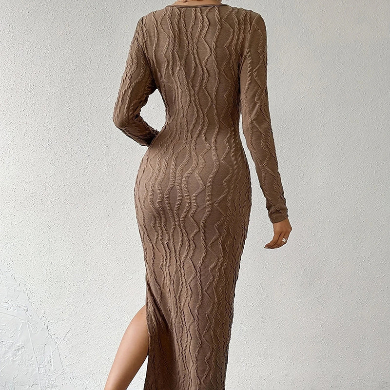 Crew Neck Long Sleeve Ribbed Dress Side Slit Knit Bodycon Midi Dress Women's
