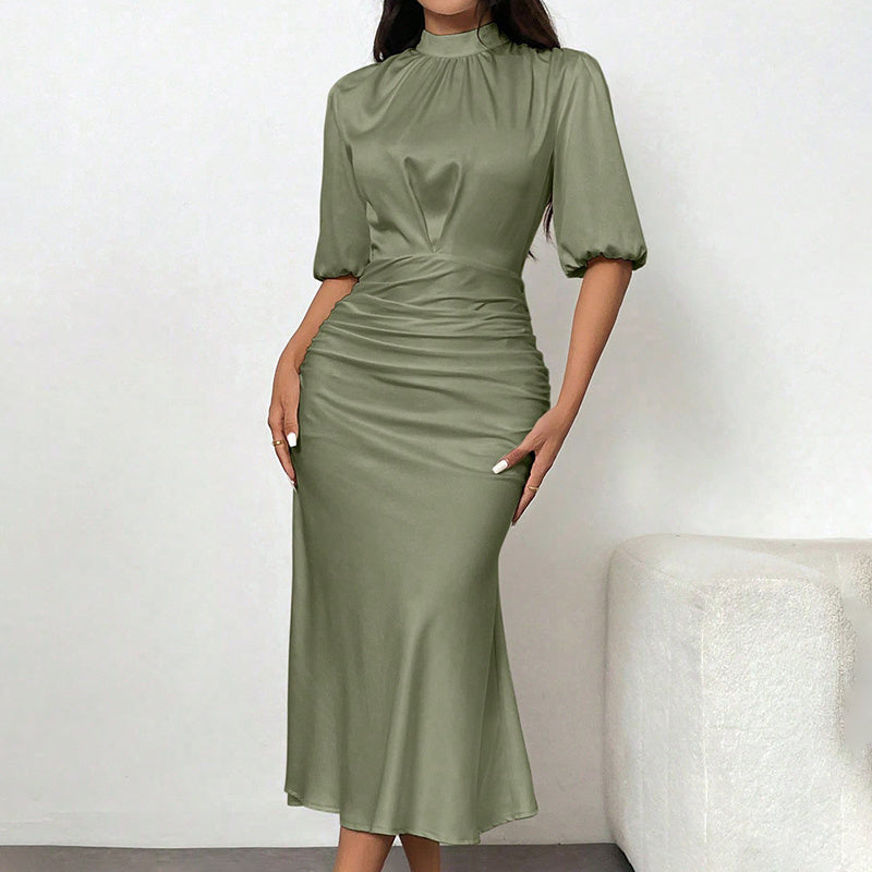 Short Sleeve Mock Neck Ruched Midi Dress Slim Fit Elegant Party Dress Women's