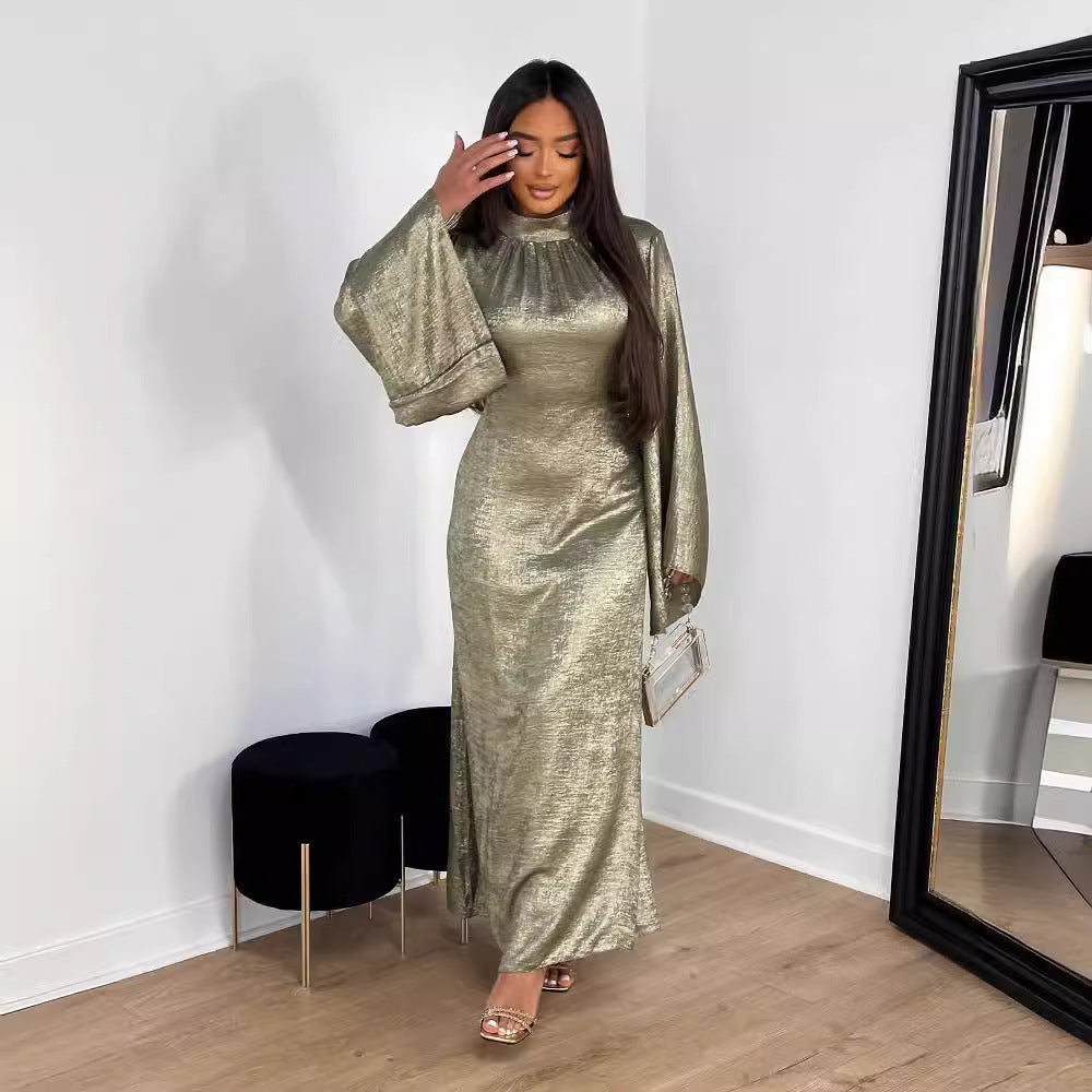 Elegant Metallic Shimmer Satin Maxi Dress Women's Fashion Stitching Dubai Turkey Elegant Dress