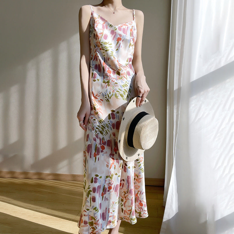 V-neck Mid-length Satin Sling Dress