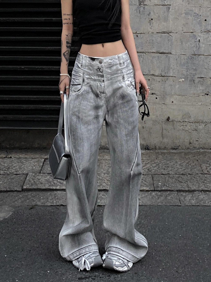 Retro Straight Jeans With Old And Dirty Design