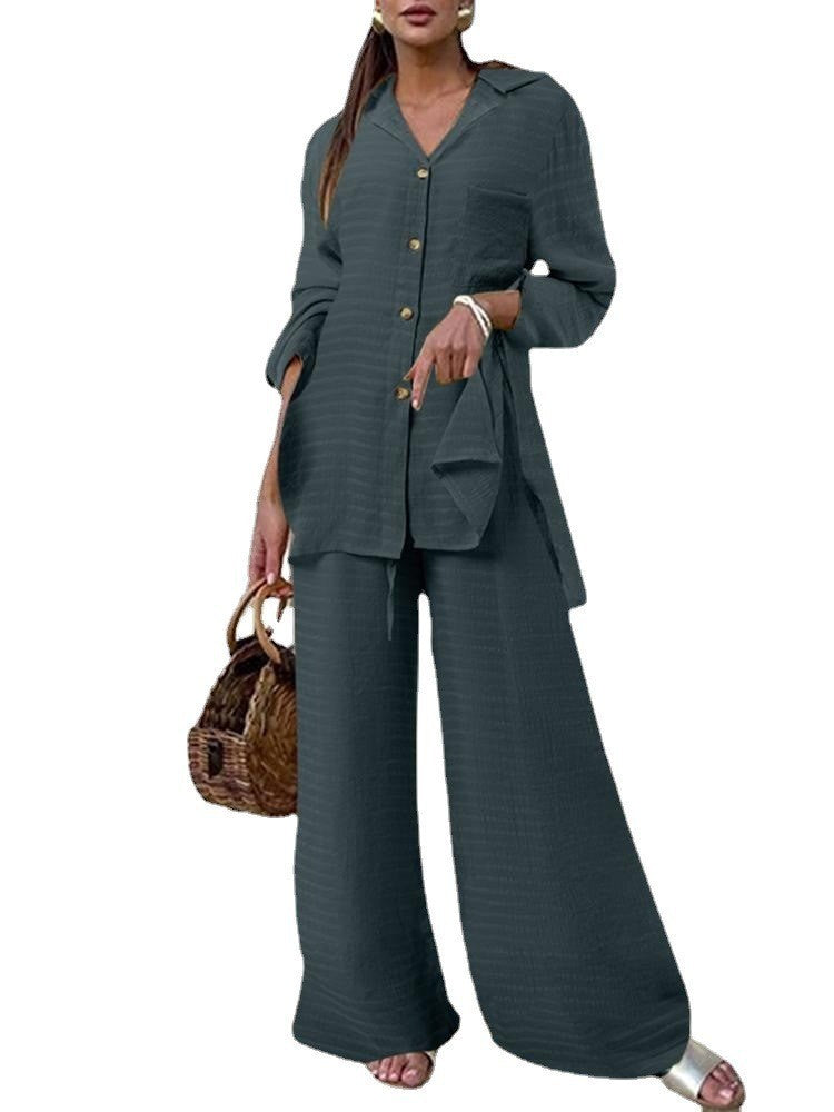 Chic Two-Piece Long Sleeve Shirt & Wide Leg Pants Set Fashion Pocket Set Women 2 Pieces Casual