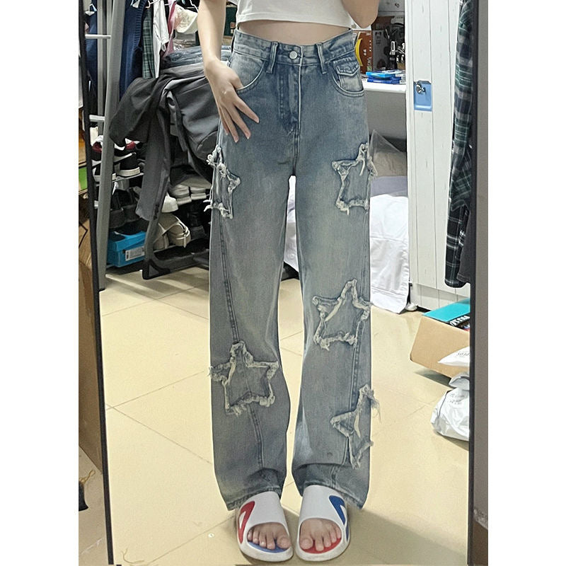 Distressed Star Patch Jeans – Urban Grunge Denim Statement Blue XINGX Embroidered Jeans Women Loose Straight-leg Wide-leg Pants