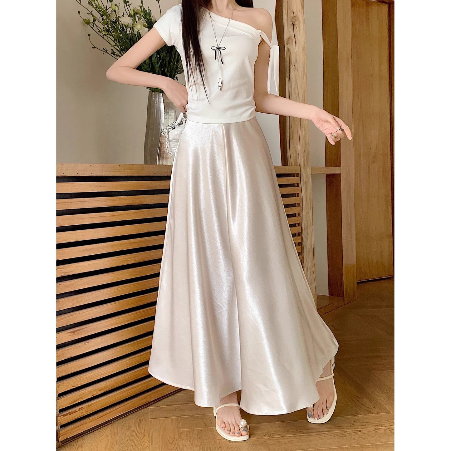 Casual All-match Acetate Satin Draped Solid Skirt