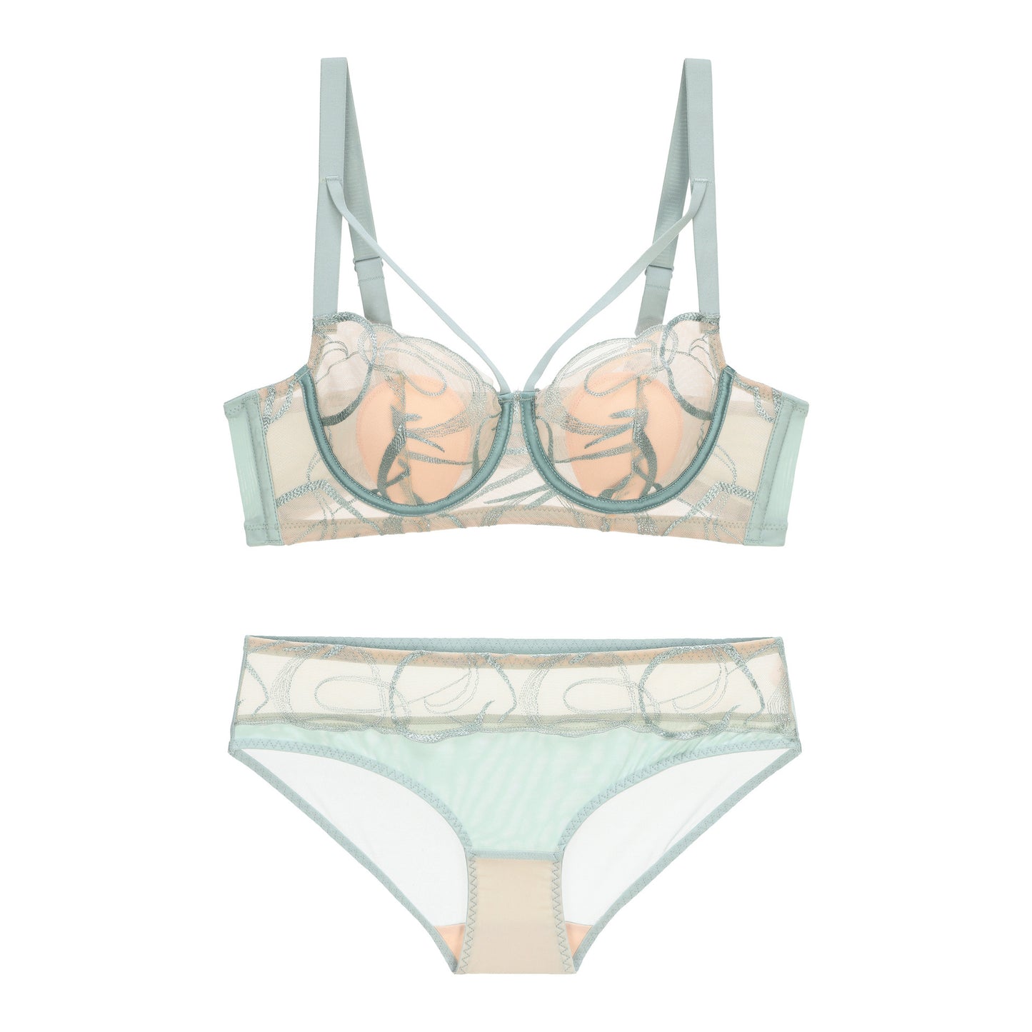 Abstract Embroidery Lingerie Set - Sheer Mesh Underwire Bra & Panty French Embroidery Suit Bra