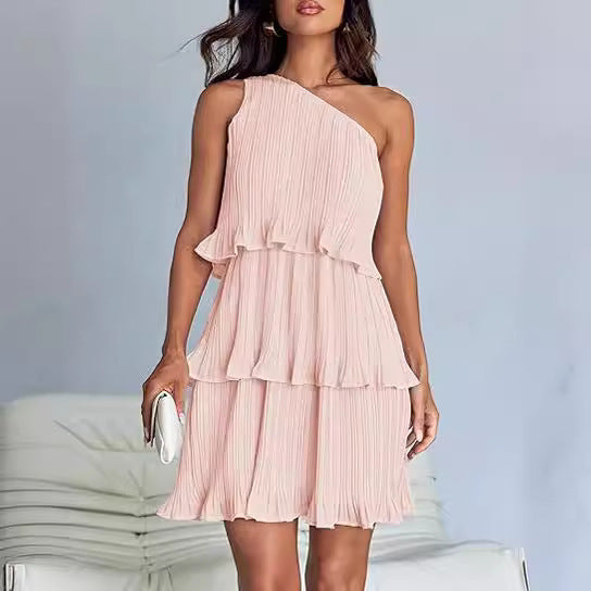 Shoulder Layered Stitching Hem Dress For Women's