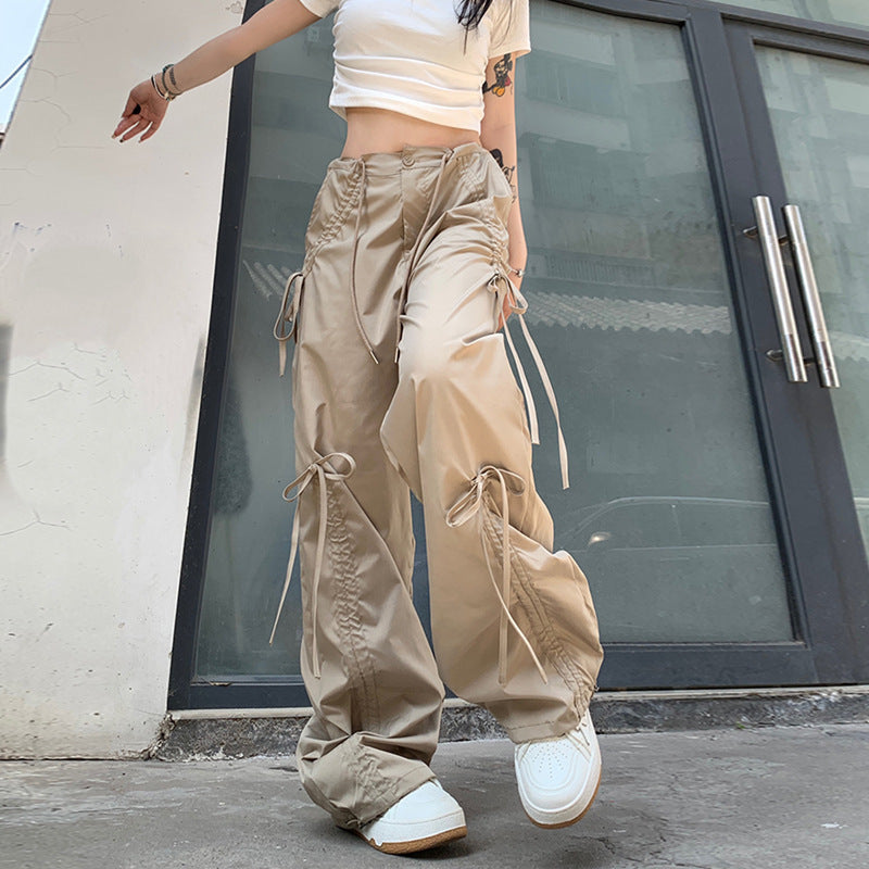 Urban Drawstring Parachute Pants – Streetwear Edge Redefined Loose Straight Wide Leg Mop Pants Women