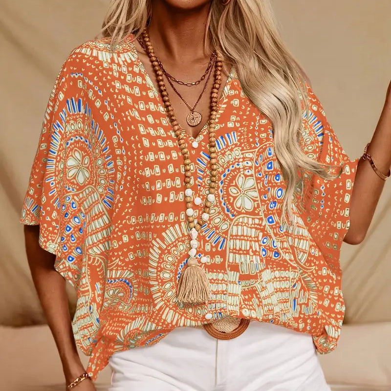 V-Neck Mandala Print Blouse Short Batwing Sleeve Casual Vacation Top