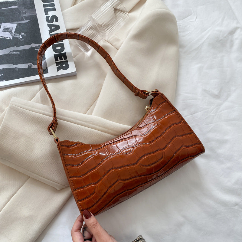 Elegant Crocodile Textured Shoulder Purse | Perfect for Day or Night Embossed Underarm Stone Pattern Candy Color Shoulder Bag