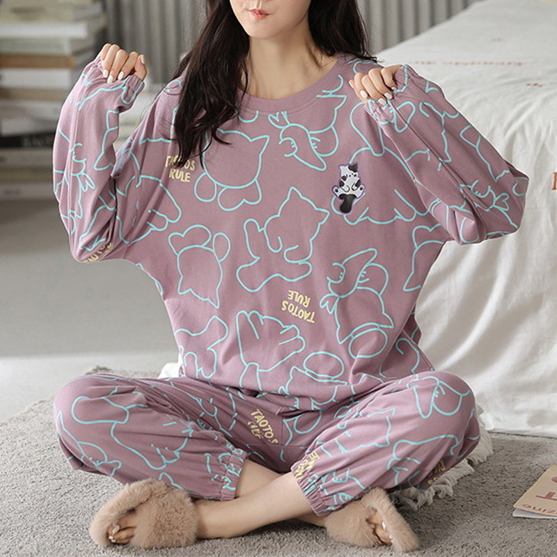 Comfy Women's Cartoon Pattern Sleepwear Set Loose Print Pajamas Women Autumn Winter Pajama Set Long Sleeves And Trousers Elegant Sleepwear Girl Loungewear Home Clothes