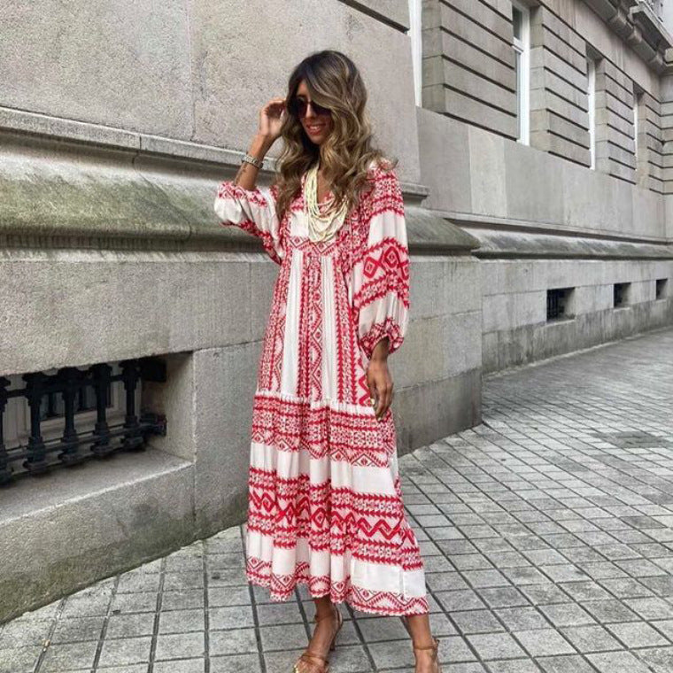 Summer Vintage Printed Bohemian Dress Elegant Ladies Casual Loose V-Neck Short Sleeve Long Dresses For Women's