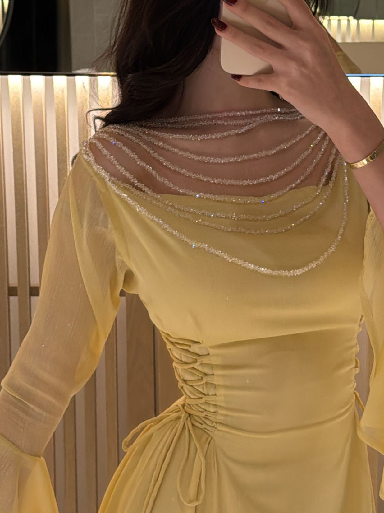 Elegant Yellow Pleated Belted Ruffled Sleeves Maxi Bodycon Dress