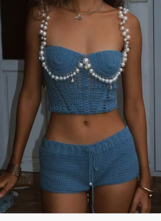 Sexy Solid Color Crop-top Spaghetti-strap Beading Top For Women's