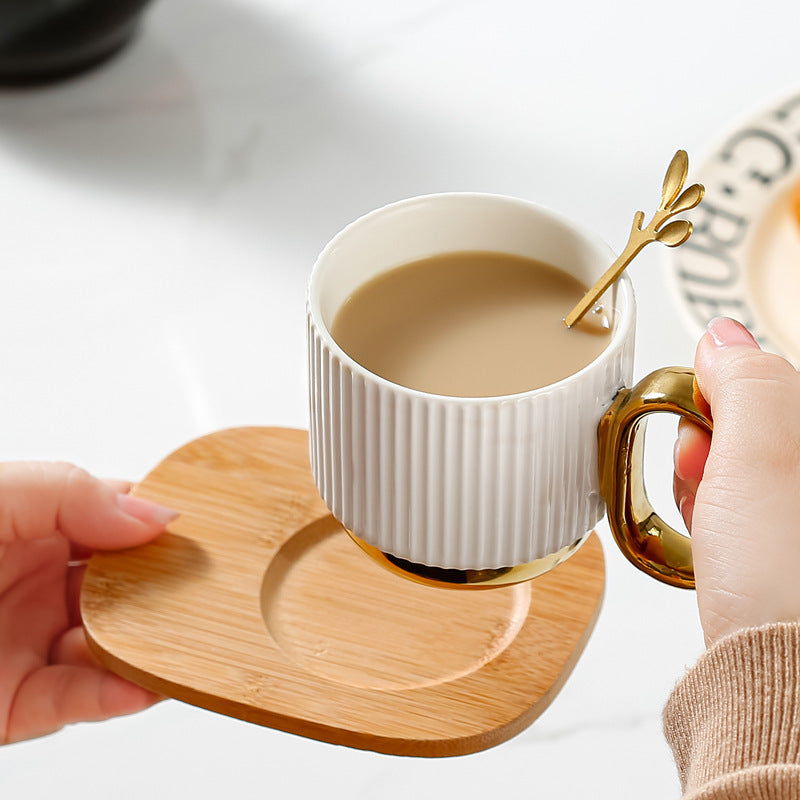 Ribbed Ceramic Coffee Mug with Wooden Saucer & Gold Spoon Set Ceramic Mug Household Afternoon Tea Coffee Cup
