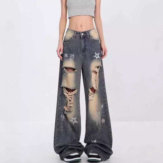 Star Patch Ripped Wide-Leg Jeans – Y2K Grunge Aesthetic Denim for Women High Street Loose American Retro XINGX Ripped Jeans For Women