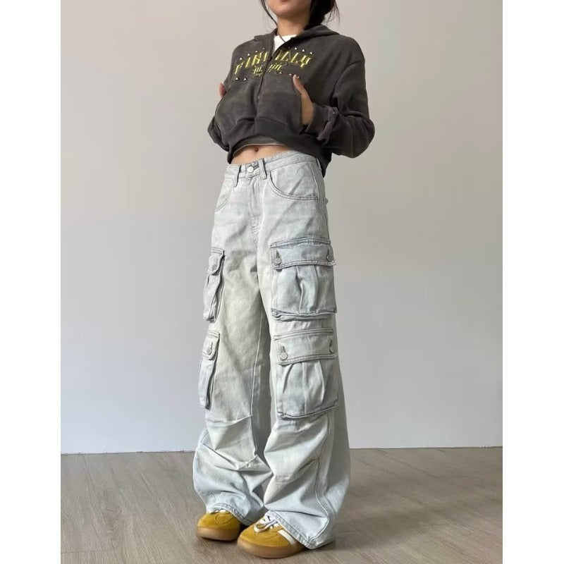 Stone Grey Multi-Pocket Cargo Pants – Utility Meets Streetwear Retro Workwear With Pocket Jeans For Women