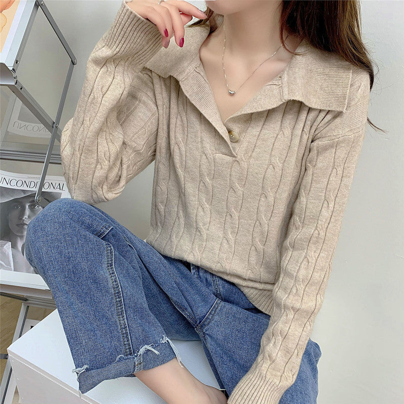 Autumn/Winter Cozy Collared Knit Top Women's Fashion Retro Knitted Sweater Top