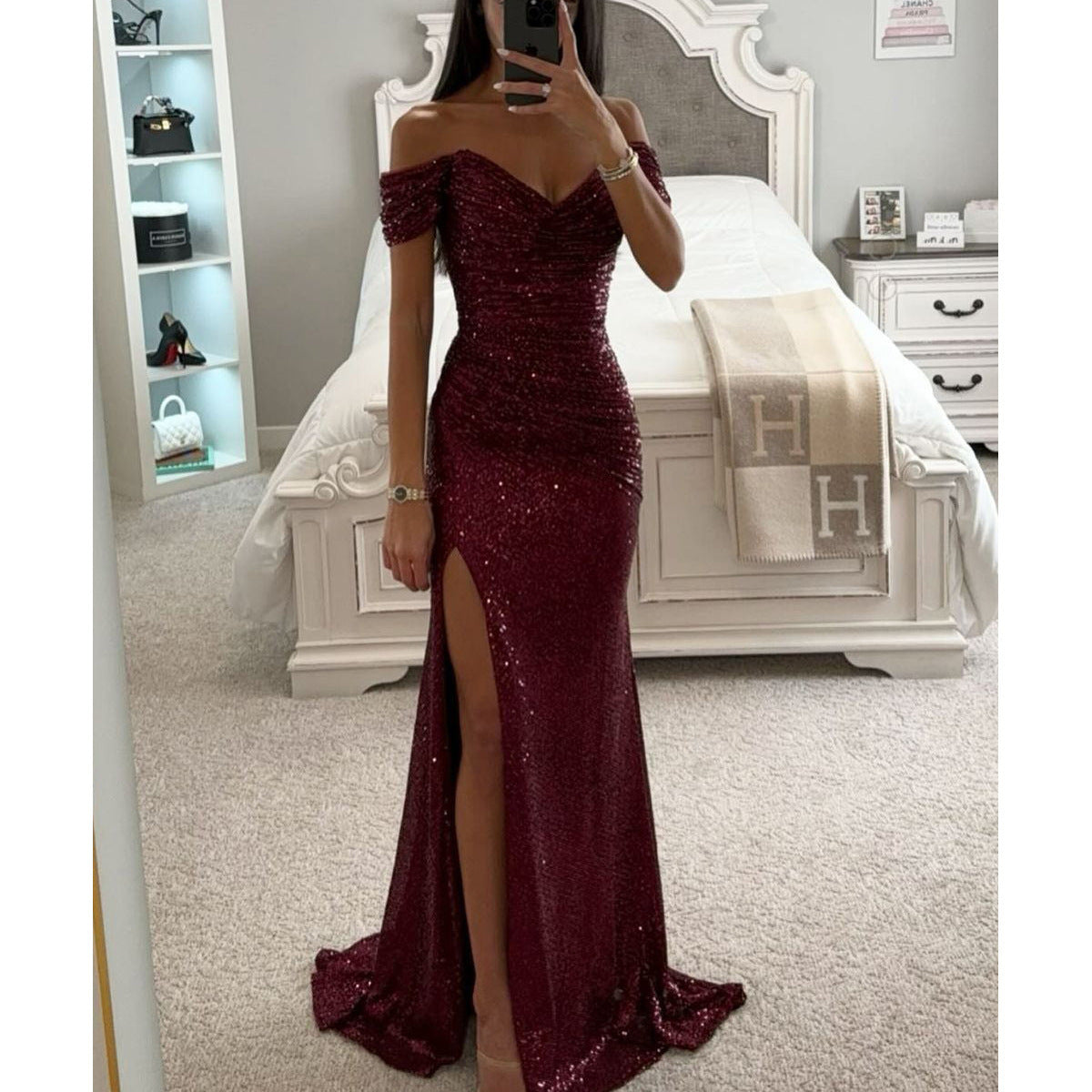 Party Sequins Off-neck Split Dress INS Casual Fashion Dress For Women