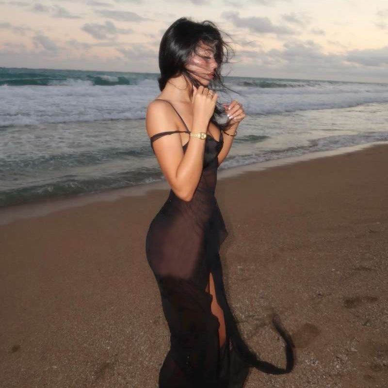 Sexy Black See-Through Spaghetti Strap Beach Cover-Up Dress Split Irregular Spaghetti-strap Dress