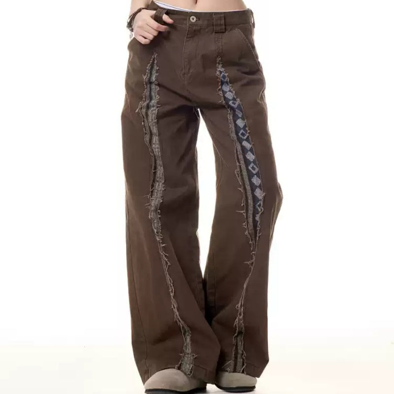 Y2K Tribal Stitch Flared Pants – Brown Statement Streetwear Retro Frayed Stitching Design Multi-pocket Jeans For Women