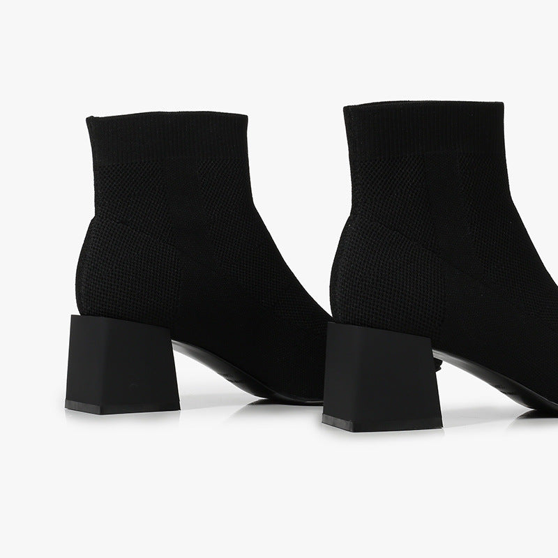 All-match Stretch Knitted High Heel Solid Color Chunky Heel Square Toe Boots Women